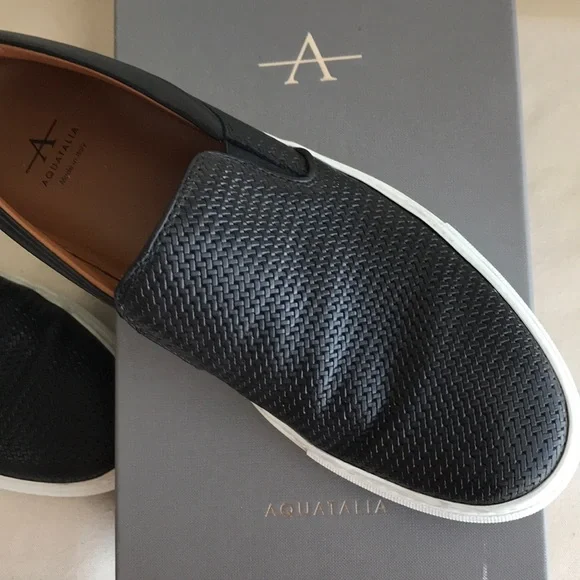 Aquatalia Sz 11 slip on sneakers woven black leather Weatherproof Made in Italy - Picture 2 of 10